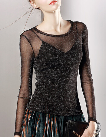 蕾丝打底衫女长袖黑纱镂空薄纱上衣内搭紧身超薄网纱透明纱衣 黑色