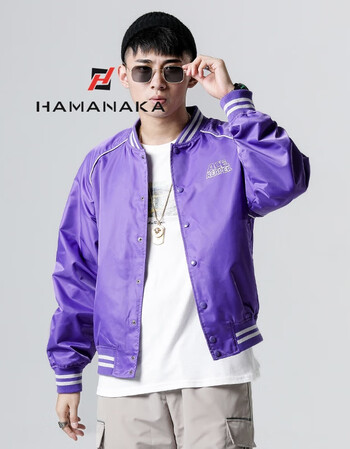 秋冬季男生外套韩版潮流男印花百搭日系复古宽松青年棒球夹克 紫色