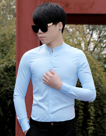白衬衫男长袖纯色青年韩版修身立领衬衣帅气休闲商务免烫紧身寸衫 天
