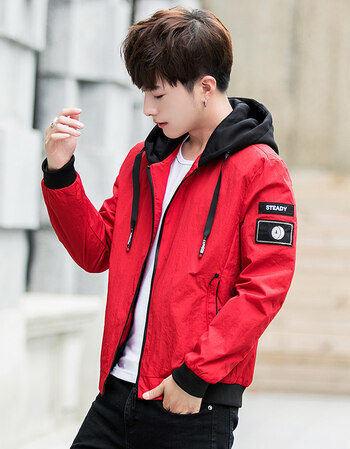 休闲春秋季2018新款韩版潮流修身帅气连帽男装夹克衣服男 红色js8803