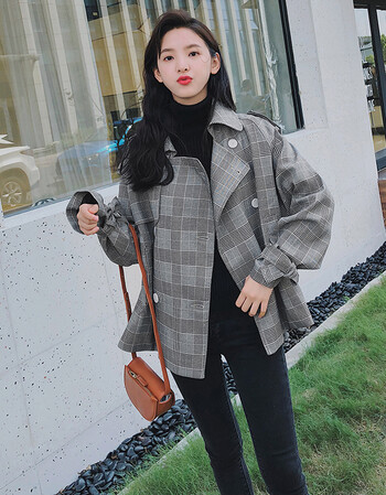 千鸟格小个子风衣女短款秋季2018新款韩版宽松chic格子外套港味潮