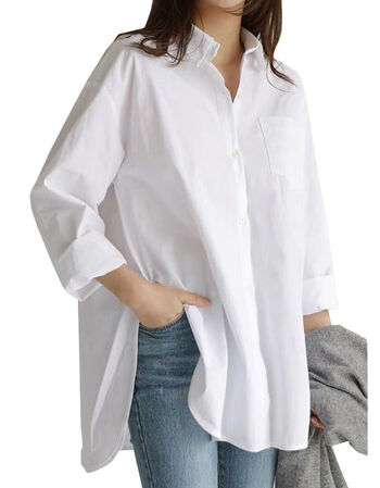 女春秋新款宽松长袖文艺bf风衬衣中长款气质上衣设计感小众3001白色m