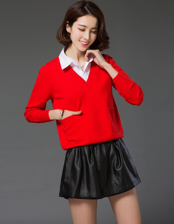 梵黎春秋款衬衫领毛衣女套头有领针织衫假两件带领