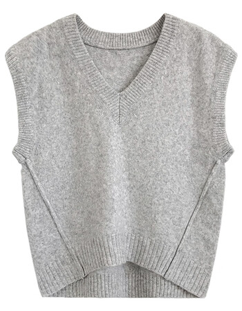 纯色v领针织背心马甲女秋冬韩版百搭学生宽松无袖毛衣潮 浅灰色 均码