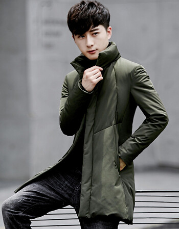 羽绒服男中长款2018秋冬装新款韩版修身外套加厚保暖羽绒服 军绿色 l