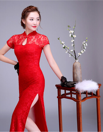 全红色长款旗袍高开叉衩老夜上海蕾丝长裙礼仪迎宾舞蹈舞台演出服 全