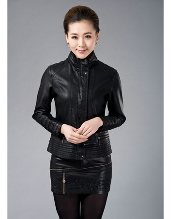 2018春秋新款中老年短款皮衣小外套女式皮夹克大码女装妈妈装 黑色 l