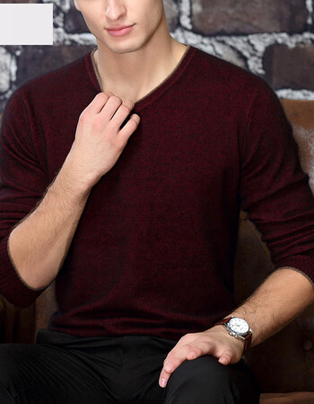 羊绒衫男2018新款秋冬毛衣男中年v领打底衫薄款 酒红色 165/m