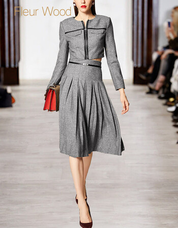 fleur wood秋冬装女2018新款毛呢百褶裙显瘦洋气套装女时尚两件套