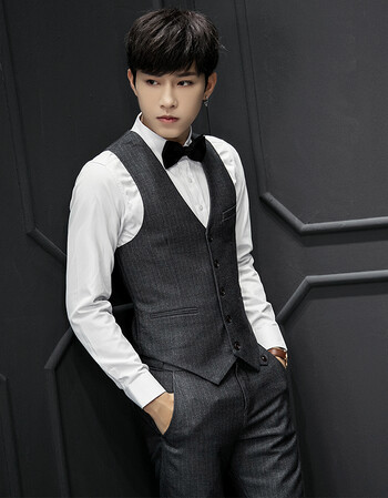 马甲套装男工作职业西装马甲裤子三件套潮 灰色(马甲 裤子)衬衫领带