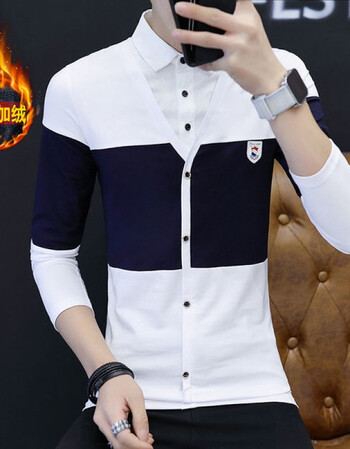 高品质秋冬衬衫加绒加厚纯棉秋冬男士长袖t恤衬衫领韩版青年假两件