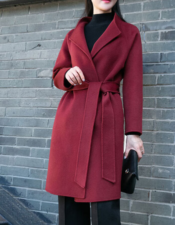 修身茧型双面羊绒大衣女收腰中长款2018新款双面绒羊毛呢子外套 酱红