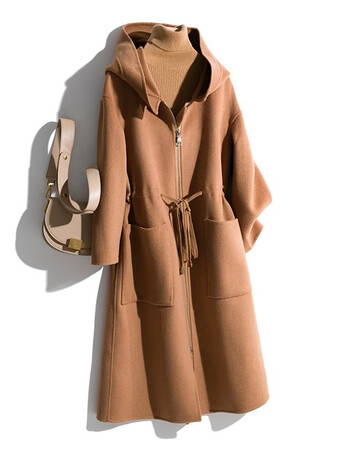 连帽双面呢大衣女中长款新款带帽系带拉链羊毛收腰外套羊绒 金钻驼 l