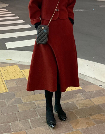 2018冬季新款复古羊毛呢子外套百搭高腰半裙毛呢套装女装 酒红色裙子