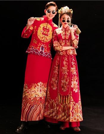 新娘2019结婚礼服嫁衣中式婚纱敬酒服新郎旗袍租赁 抖音同款男女套装