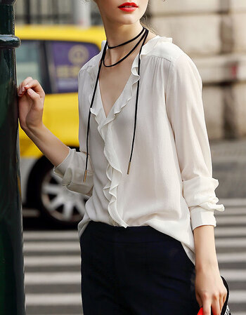 木耳边衬衫女春装新款欧美时尚修身雪纺荷叶边白色衬衣上衣 白色 xs