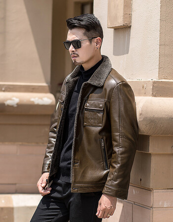 2018年新款加绒加厚皮毛一体皮衣男夹克中年男士外套冬季爸爸装 棕色