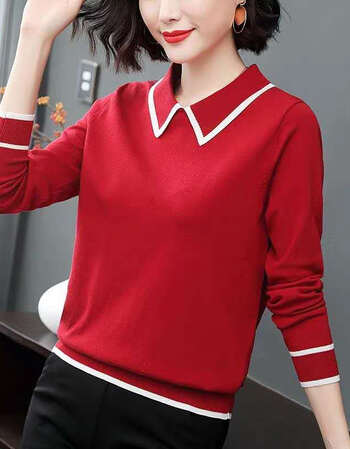 娃娃领长袖针织衫女翻领春季上衣2021新打底衫宽松针织毛衣红色长袖m