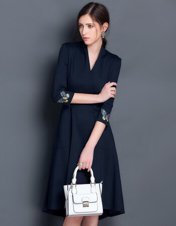 前短后长燕尾裙v领黑色连衣裙秋季小黑裙中长款礼服长裙 宝蓝色 m