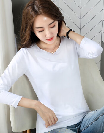 妍引长袖女t恤春秋装女装白色体恤棉质打底衫女上衣白色s8095斤