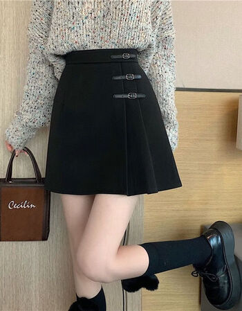呢短裙韩版高腰显瘦设计感小皮扣百褶a字半身裙女黑色有安全ku加厚款s
