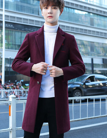 男士青年毛呢大衣中长款修身潮流韩版休闲男士风衣男 x-zmy1891酒红色