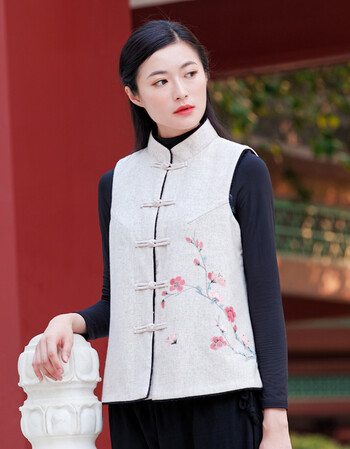 复古女意秋唐装中式马甲背心民族风女装夹棉外套马夹茶人服抖音 杏色