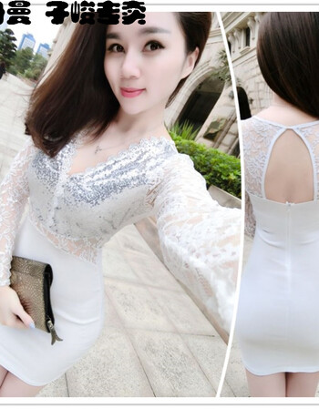 夜店女装性感v领小女人亮片拼接蕾丝腰部透视长袖连衣裙 白色 均码