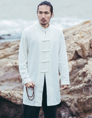 男装唐装男青年汉服男 古装风衣男中式长袍 男盘扣外套男 白色 xl