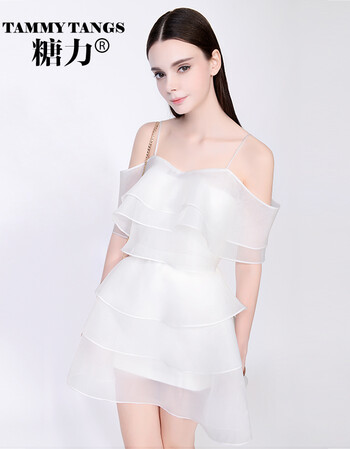 TAMMYTANGS糖力2015夏季白色轻薄雪纺度假风吊带露肩连衣裙套装 Crystal白 M