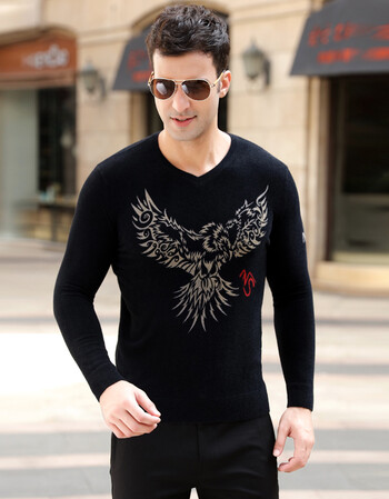 armani/阿玛尼泊尔男装长袖t恤2017秋冬季新款圆领鹰头印花上衣官方