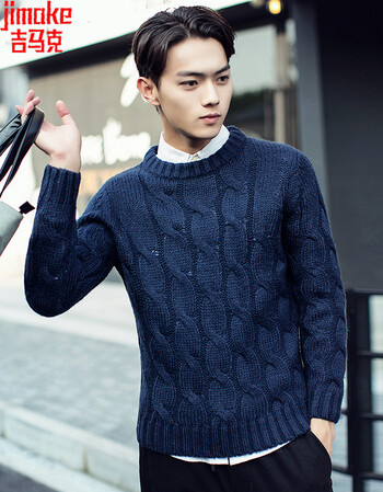 吉马克针织衫男士冬装复古麻花毛衣韩版修身潮男线衣 深蓝色 m【图片 