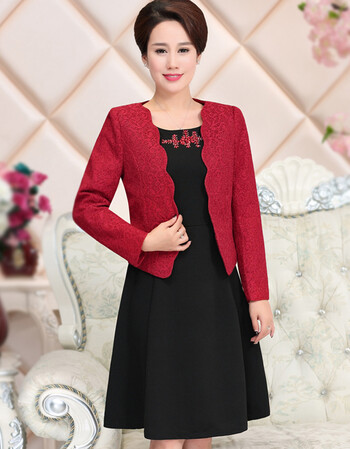 结婚新娘妈妈装春秋新款长袖套装连衣裙婆婆婚礼婚宴丈母娘 红色 xxl