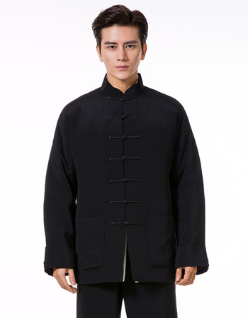 派冬款重磅真丝棉衣唐装男士棉袄连肩中国风新中式青年礼服外套 黑色