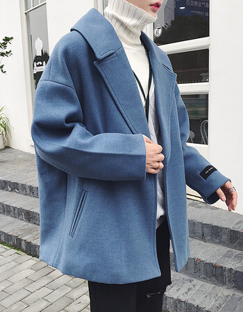 冬季呢子大衣男士厚款风衣外套韩版学生宽松bf风潮流 蓝色 m