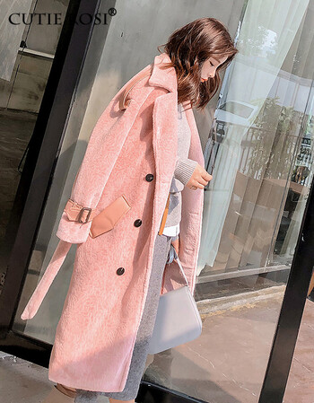 cutie rosi 秋冬装2017新款粉色保暖中长款大衣女士收腰毛呢外套 粉色