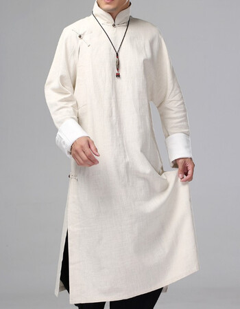 中国风复古中式亚麻长衫男大码棉麻民国长袍居士服禅修服立领 白色 s