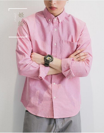 长袖衬衫男潮流百搭休闲宽松衬衣男学生外穿上衣大码 粉色 m