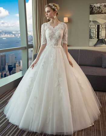 婚纱2018新款冬季欧美宫廷一字肩长袖齐地婚纱韩式修身显瘦蓬蓬裙