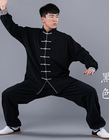 冬季加厚棉麻太极服女亚麻长袖武术服中老年练功服男太极拳服装 黑色