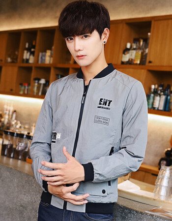 2018春装韩版修身青少年气质帅哥立领印花新款夹克外套男薄款外套男s