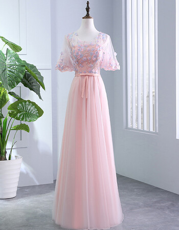 粉色伴娘服2017新款韩版长款姐妹团晚礼服裙婚礼闺蜜装公主女 圆领