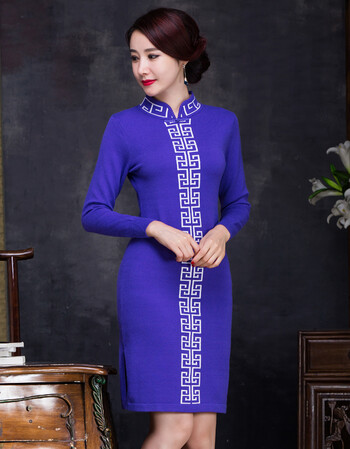 秋冬女长袖中长款大码修身显瘦针织旗袍女优雅气质旗袍连衣裙 浅蓝色