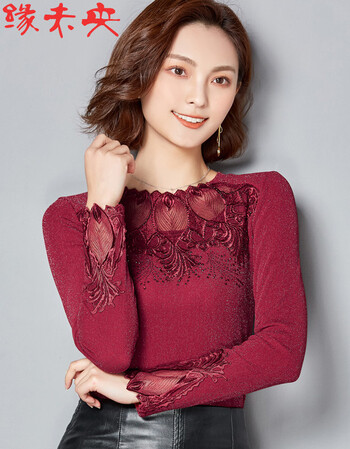 缘未央 加绒加厚蕾丝网纱打底衫女 红色 xl