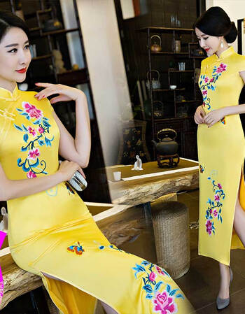 新款刺绣旗袍长款2018新款冬短袖日常复古中式表演走秀