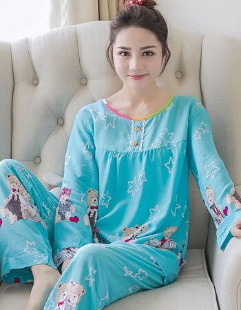 睡衣女长袖春人造棉棉绸棉质薄款家居服套装韩版绵绸睡衣甜美卡通