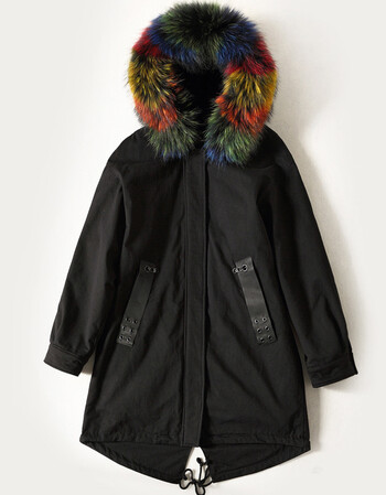 2017新款秋冬季时尚大公鸡刺绣羽绒服染色貉子毛领 黑色 s