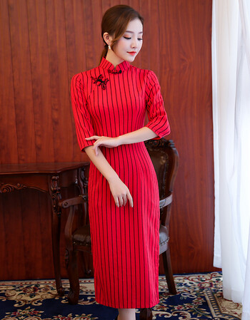 文艺条纹格子旗袍中长款秋2017新款棉麻复古修身旗袍裙xy 紫红竖条