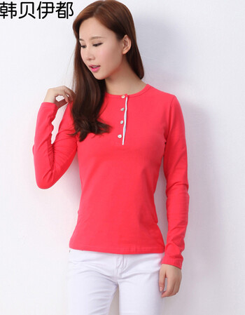简约纽扣设计纯棉长袖 修身t恤女t4006 西瓜红 xl