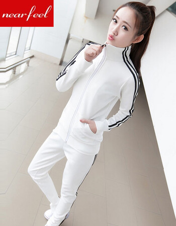 Ne 欧洲站2016春季新款大码时尚运动套装学生运动服休闲女修身两件套卫衣 白色 XXXL